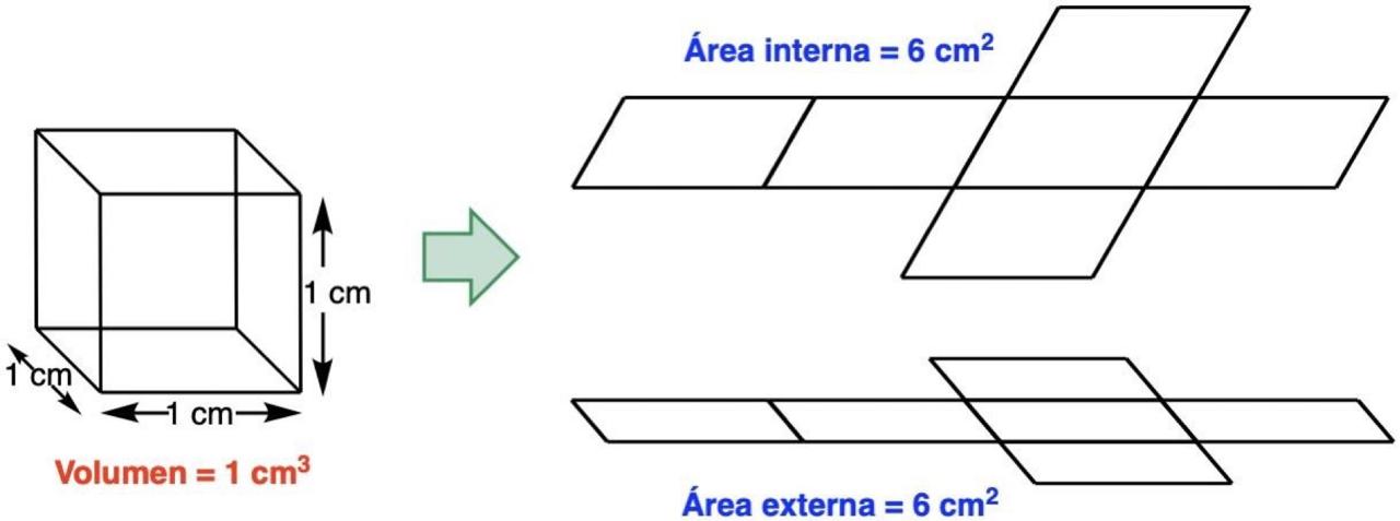 Figura 3. La superficie de un cubo de 1 cm³ de volumen es igual a la suma de las áreas de sus caras interiores y exteriores. En este caso, la superficie total es de 12 cm².